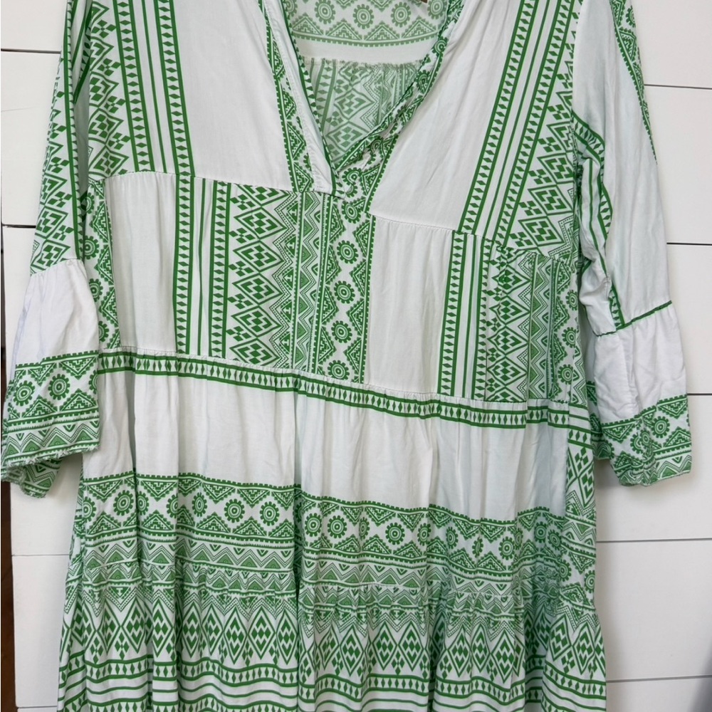 Classic Greek Green Patterned Tunic Dress Swim Cover up